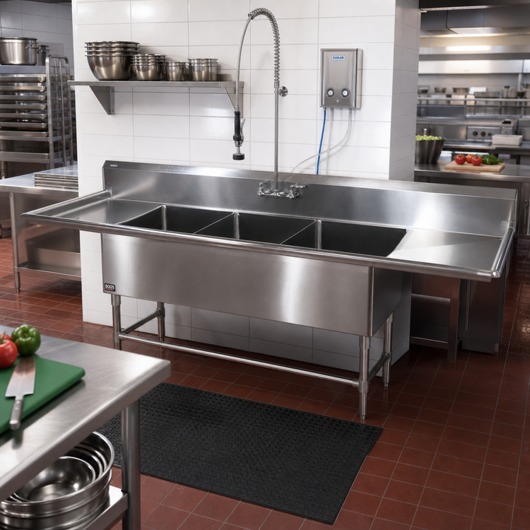 Product image #2 for John Boos Pro-Bowl 3-Compartment Sink with Dual 30-Inch Drainboards, 16 Gauge Stainless Steel Floor Model