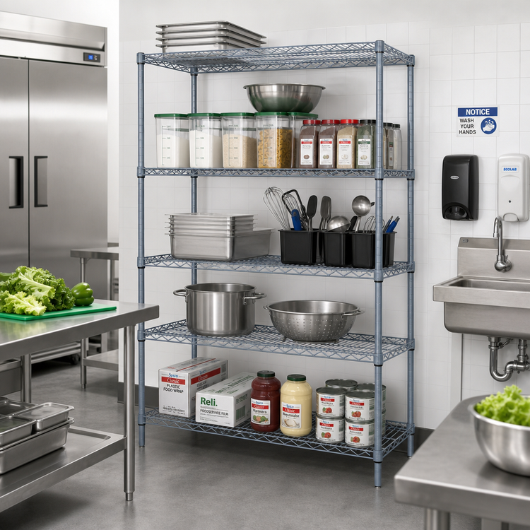 Product image #2 for Quantum 54" x 18" x 54" Wire Shelving Starter Kit with 5 Shelves, Gray Epoxy Antimicrobial Finish