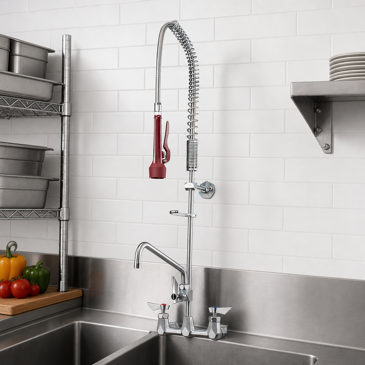 Product image #2 for Krowne Diamond Series 8-Inch Center Wall-Mount Pre-Rinse Faucet Assembly with 12-Inch Add-On Swing Spout