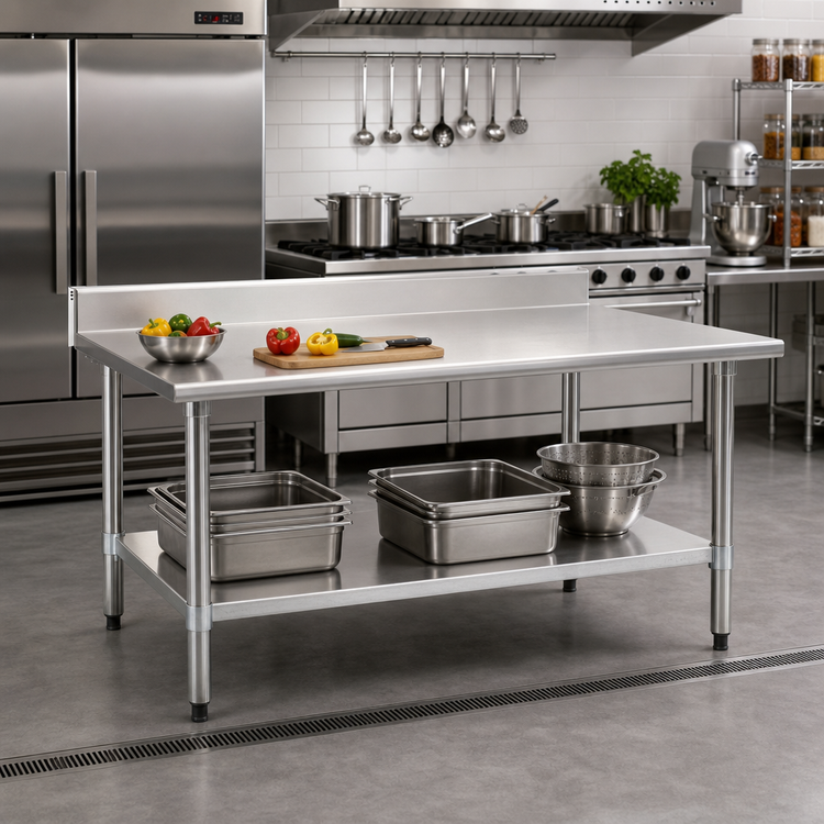 Product image #2 for Deluxe Series 72-Inch x 36-Inch 16-Gauge 300 Series Stainless Steel Work Table with 4-1/2-Inch Backsplash and Undershelf
