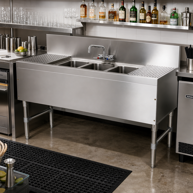 Product image #2 for Advance Tabco Prestige 3-Compartment Stainless Steel Underbar Sink Unit with Dual Drainboards and Splash Mount Faucet, 60-Inch