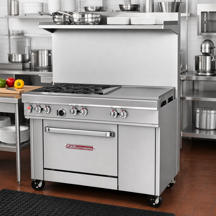 Product image #2 for Ultimate 36-Inch Commercial Gas Restaurant Range with 2 Open Burners, 24-Inch Griddle, Cabinet Base and Hi-Shelf