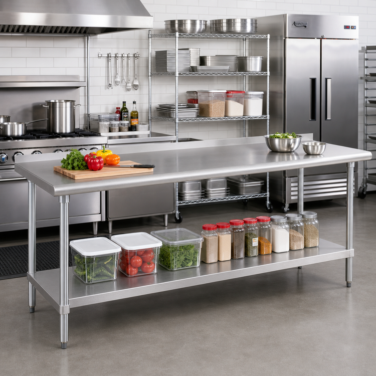 Product image #2 for Advance Tabco 144 Inch x 36 Inch Stainless Steel Work Table with 16-Gauge 304 Top, Adjustable Undershelf, and 1-1/2 Inch Rear Up-Turn