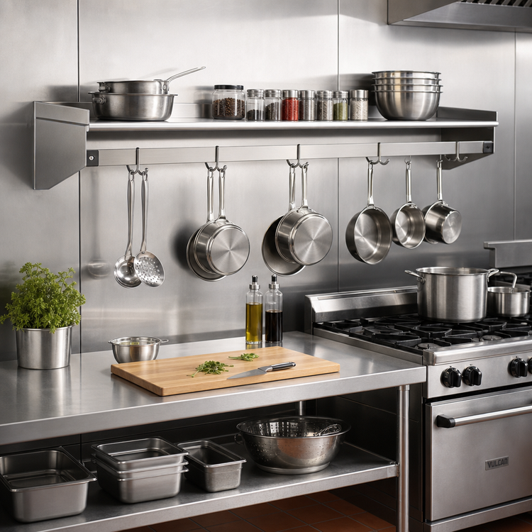 Product image #2 for Eagle Wall Shelf with Removable Hooks and Pot Rack, Wall Mounted, 96W x 12D, Stainless Steel, 8 Hooks