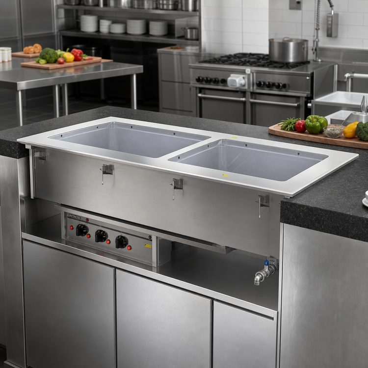 Product image #2 for Short-Side 2-Pan Drop-In Hot Well with Infinite Controls and Manifold Drain