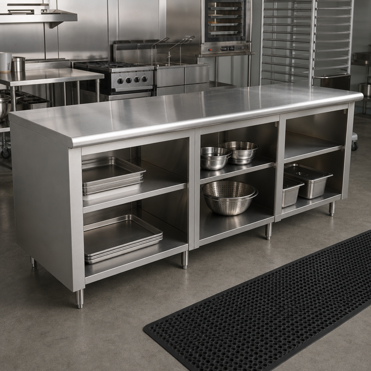 Product image #2 for Advance Tabco 144-Inch x 24-Inch Stainless Steel Work Table with Open Front Cabinet Base and Mid-Shelf