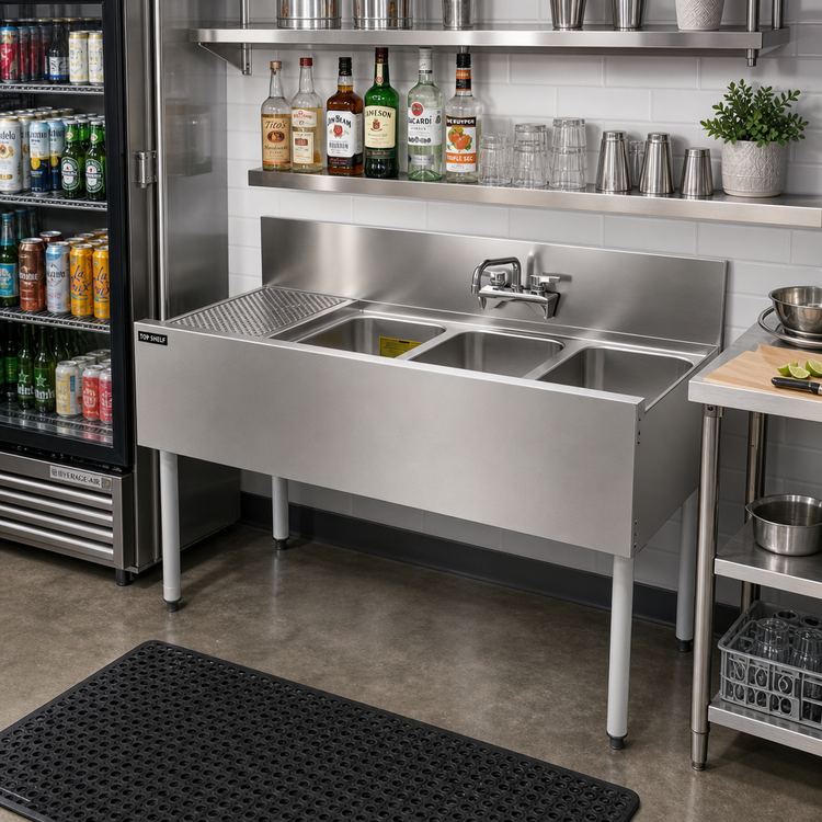 Product image #3 for Top Shelf TS Series 48-Inch Three-Compartment Stainless Steel Underbar Sink Unit with Left Drainboard