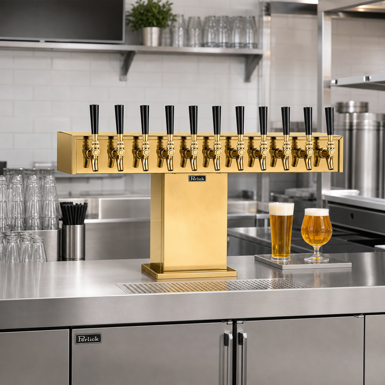 Product image #2 for Perlick Wide Base 10-Faucet Glycol-Cooled Tee Draft Beer Tower, Countertop, Tarnish-Free Brass