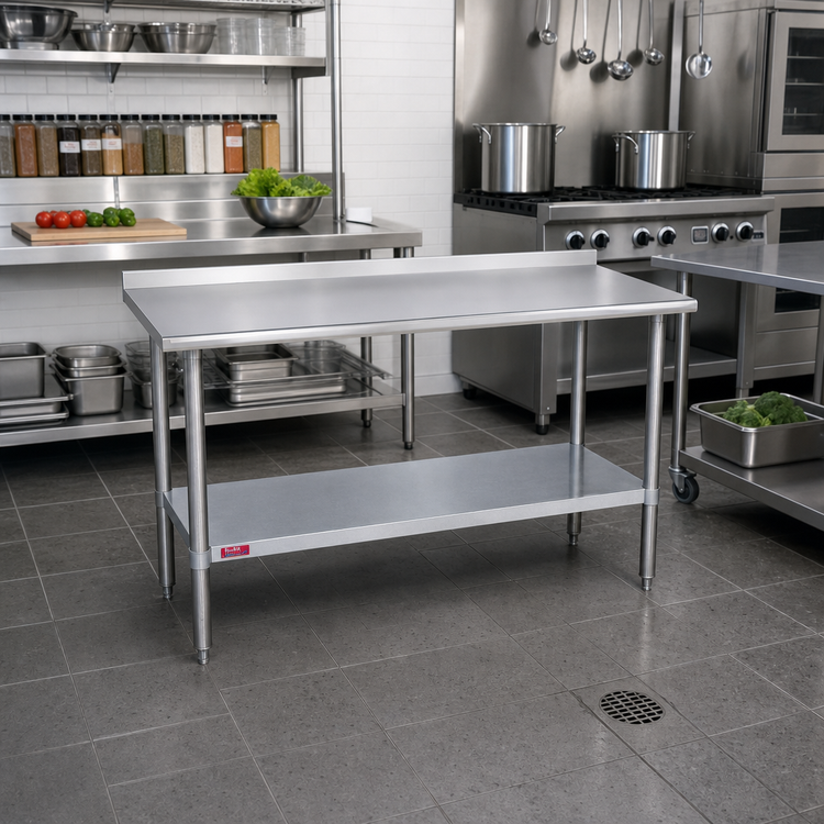 Product image #2 for Duke Deluxe 16 Gauge 300 Series Stainless Steel Work Table with 1-1/8 Inch Straight Riser and Galvanized Undershelf, 30 x 24 Inch