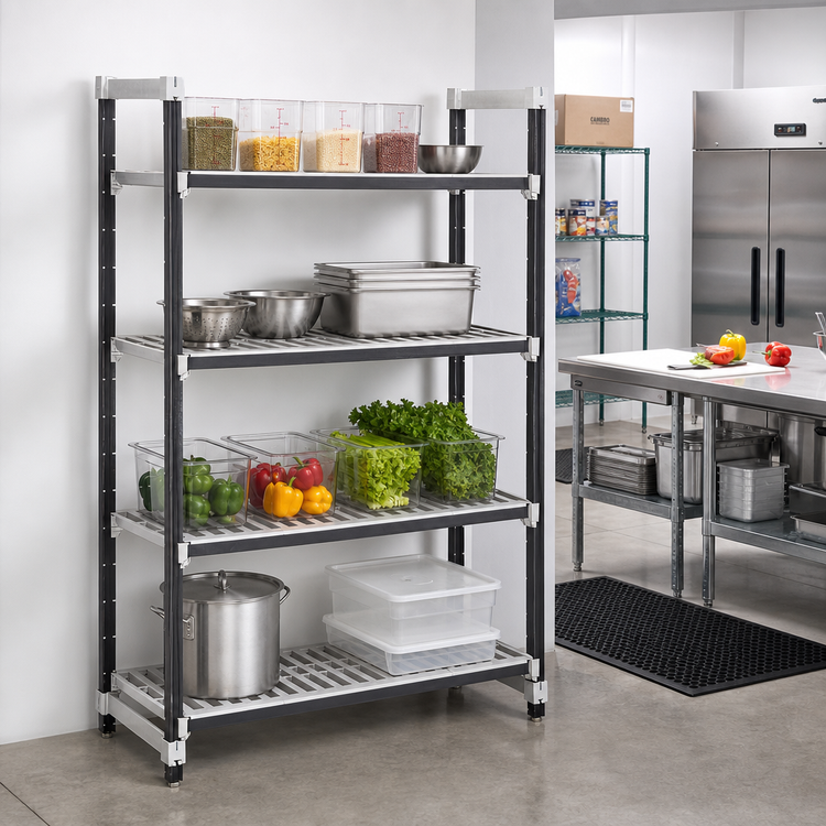 Product image #2 for Cambro Camshelving Elements XTRA 4-Tier Stationary Starter Polymer Shelving Unit, 72-Inch L x 21-Inch D x 72-Inch H, Vented and Solid, Speckled Gray