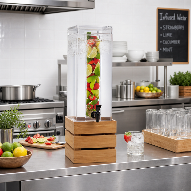 Product image #2 for Cal-Mil Bamboo 3 Gallon Square Acrylic Beverage Dispenser with Infusion Chamber and Bamboo Crate Stand