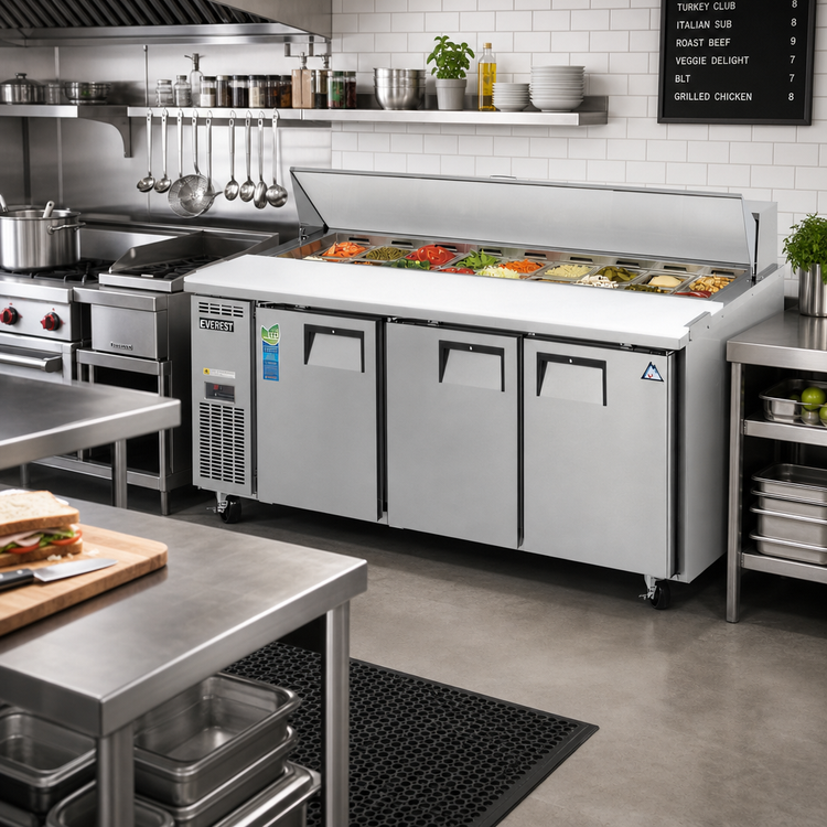 Product image #2 for Everest Refrigeration Three-Section Sandwich Prep Table, 71-1/8 Inch Wide, 21 Cubic Feet, Self-Contained Side-Mounted Refrigeration
