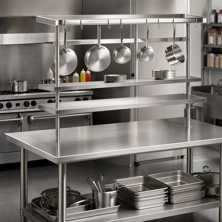 Product image #2 for Advance Tabco Adjustable Table-Mounted Stainless Steel Utensil Rack, 60 Inches Long, with 9 Plated Pot Hooks