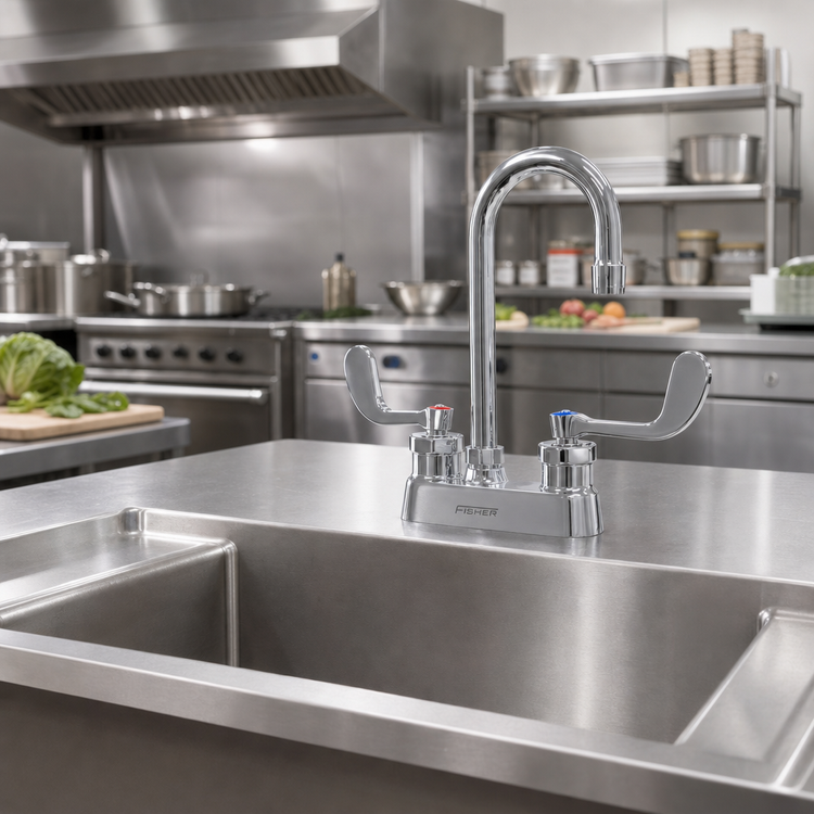 Product image #2 for Fisher 84800 Deck-Mount Mixing Faucet — 4-Inch Centers, 6-Inch Gooseneck Spout, Wrist Blade Handles (2.2 GPM)