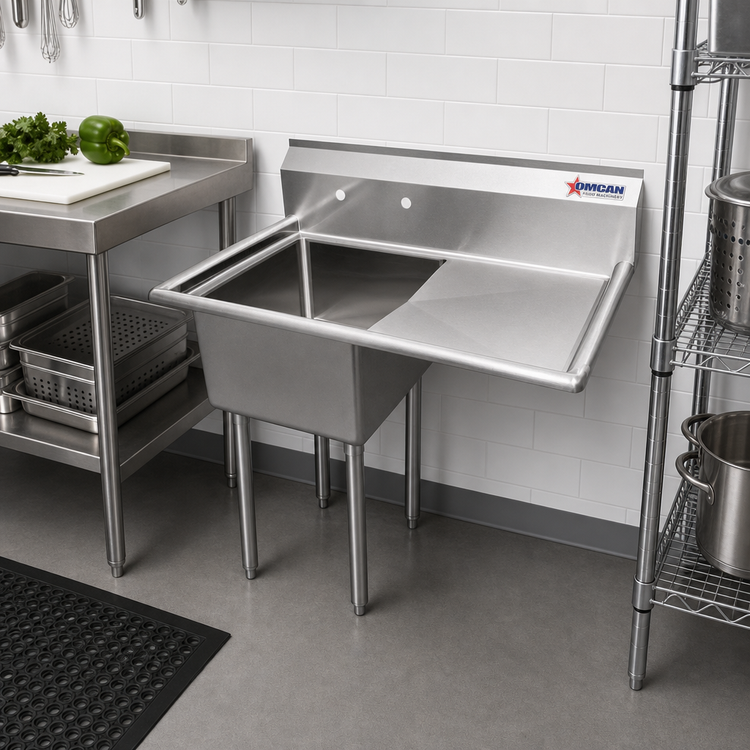 Product image #2 for Omcan USA 1-Compartment Pot Sink with Right-Hand Drainboard, 18 x 18 x 11-Inch Bowl, 304 Stainless Steel