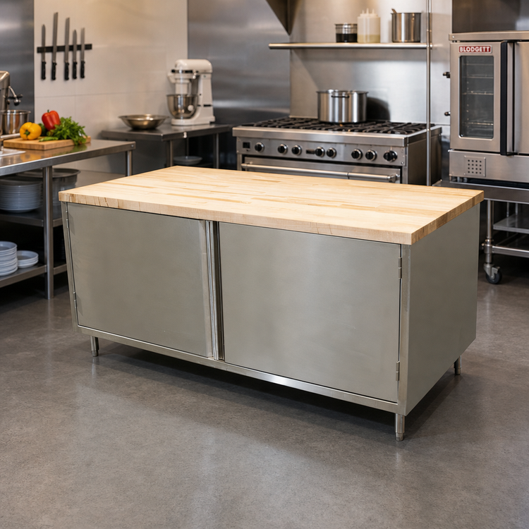 Product image #2 for BK Resources 72-Inch Hard Maple Top Chef Table with Stainless Steel Cabinet Base and Hinged Doors