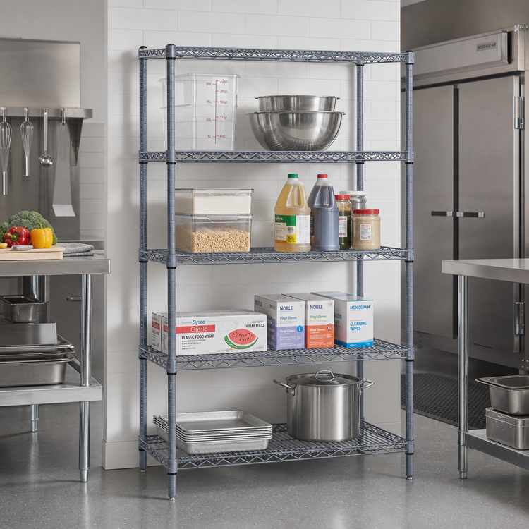 Product image #2 for Quantum Stationary Wire Shelving Starter Kit, 48"W x 36"D x 63"H, Gray Epoxy Antimicrobial Finish