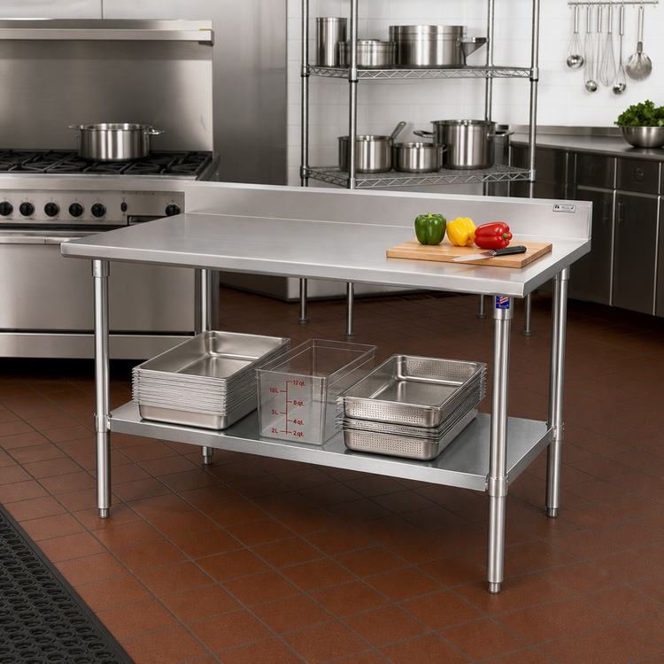 Product image #2 for John Boos Stallion 84 Inch x 30 Inch Stainless Steel Work Table with 5 Inch Backsplash and Galvanized Undershelf