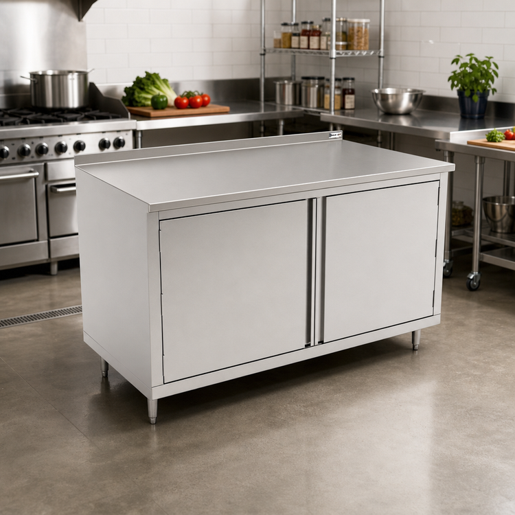 Product image #2 for John Boos 60 x 36 Enclosed Work Table with Cabinet Base, Hinged Doors, 14-Gauge 300 Series Stainless Steel Top, 1-1/2 Inch Rear Riser
