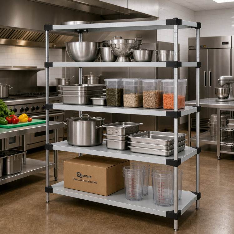 Product image #2 for Quantum Solid Stainless Steel Shelving Starter Kit, 60"W x 24"D x 74"H, 4-Shelf Stationary Unit