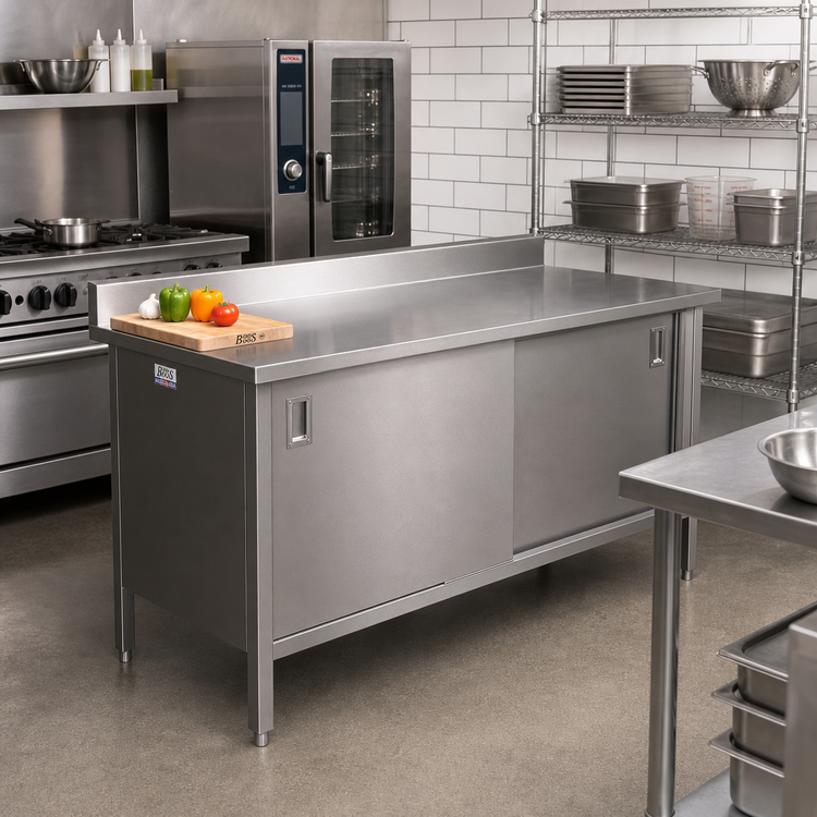 Product image #2 for John Boos Enclosed Work Table with Cabinet Base and Hinged Doors, 96 x 24 Inch Stainless Steel Top