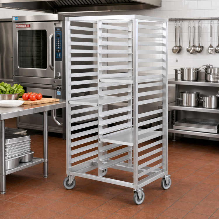 Product image #2 for Channel Manufacturing Double-Section Aluminum Cafeteria Tray Rack for 18 x 26 Trays, 64-Inch High, 20-Tray Capacity, with 5-Inch Swivel Plate Casters