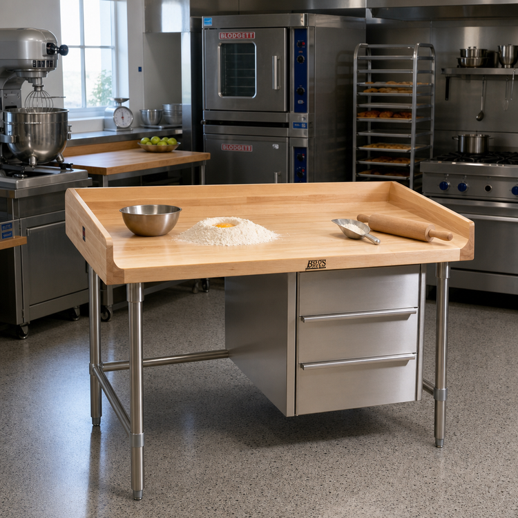 Product image #2 for John Boos BT3S03 72-Inch x 30-Inch Baker's Table with 1-3/4-Inch Maple Top and 3-Drawer Stainless Steel Base