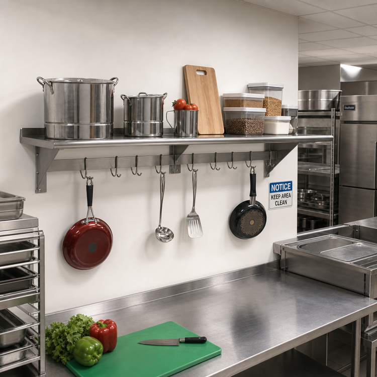 Product image #2 for Advance Tabco 72-Inch Wall-Mounted Shelf with Pot Rack, 15-Inch Deep, Stainless Steel