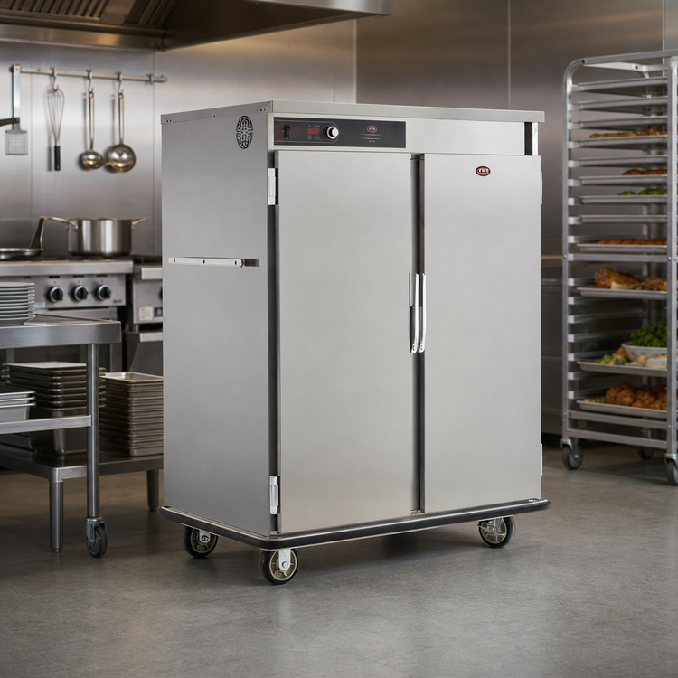 Product image #2 for FWE TST-20 Slim-Line Mobile 2-Door Heated Holding Cabinet, Stainless Steel, Forced-Air Heat