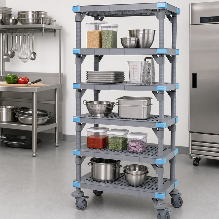 Product image #2 for Quantum Millenia Mobile Polymer Starter Shelving Unit with 5 Open Grid Shelves, 60W x 18D x 62H, Gray