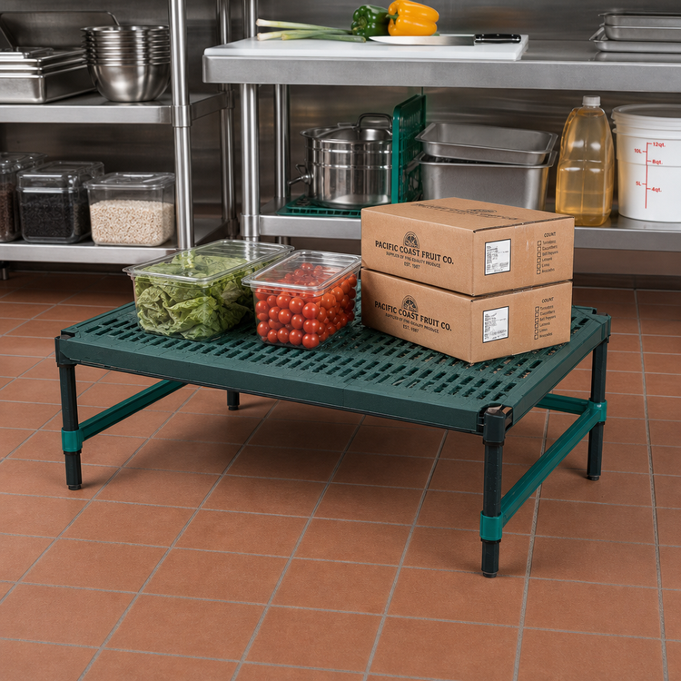 Product image #2 for QuadPlus Mobile Dunnage Rack with 3-Sided Frame and Louvered Polypropylene Mat, 48 x 24 x 14 Inches, 800 lb Capacity, Green Epoxy Finish