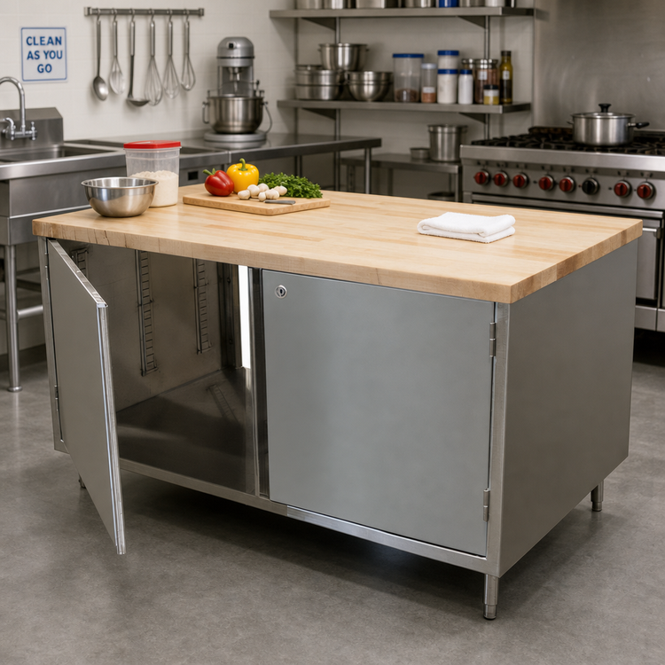 Product image #2 for BK Resources Dual-Access Chef Table with Hard Maple Top and Locking Hinged Doors