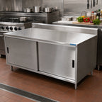Thumbnail image #2 for BK Resources CSTR5-3672S 72 x 36 Inch Stainless Steel Enclosed Chef Table with Sliding Doors, 14-Gauge Top and 5-Inch Backsplash