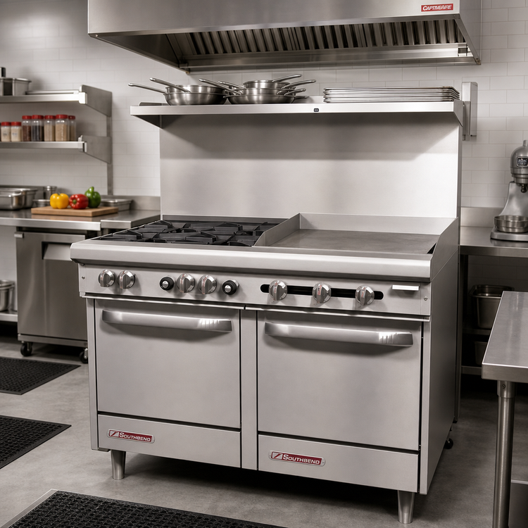 Product image #2 for Southbend S-Series 48-Inch Commercial Gas Restaurant Range with 4 Open Burners, 24-Inch Griddle, Standard Oven, and Cabinet Base