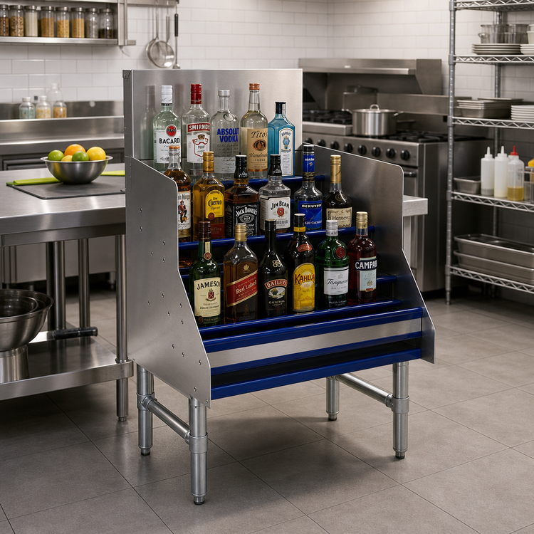 Product image #2 for 5-Step Freestanding Stainless Steel Liquor Bottle Display Unit with 7-Inch Backsplash