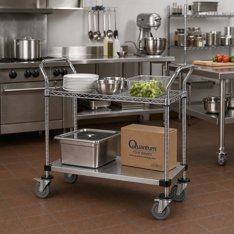 Product image #2 for Quantum 42 x 18 x 37-1/2 Inch Chrome-Plated Utility Bus Cart with Wire and Solid Shelves
