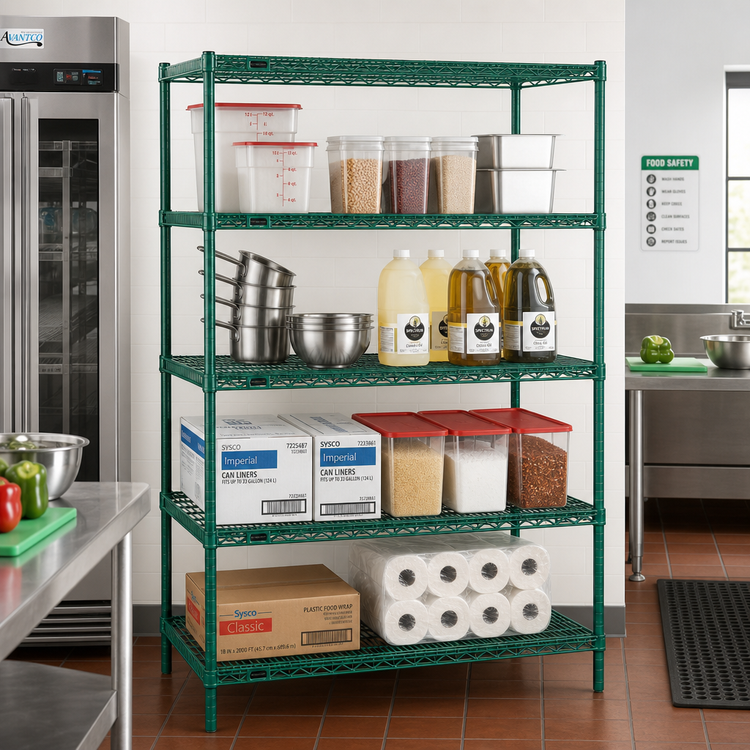 Product image #2 for Redipak 4-Tier Wire Shelving Unit with QuadTruss Shelves, 60" W x 18" D x 63" H, Green Epoxy Finish