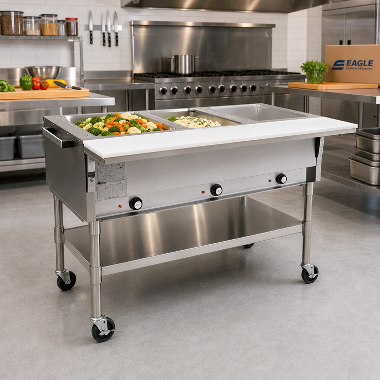 Product image #2 for Eagle Group 36-Inch Wide Portable Electric Hot Food Table with 2 Dry Wells, Open Base, and 8-Inch Cutting Board