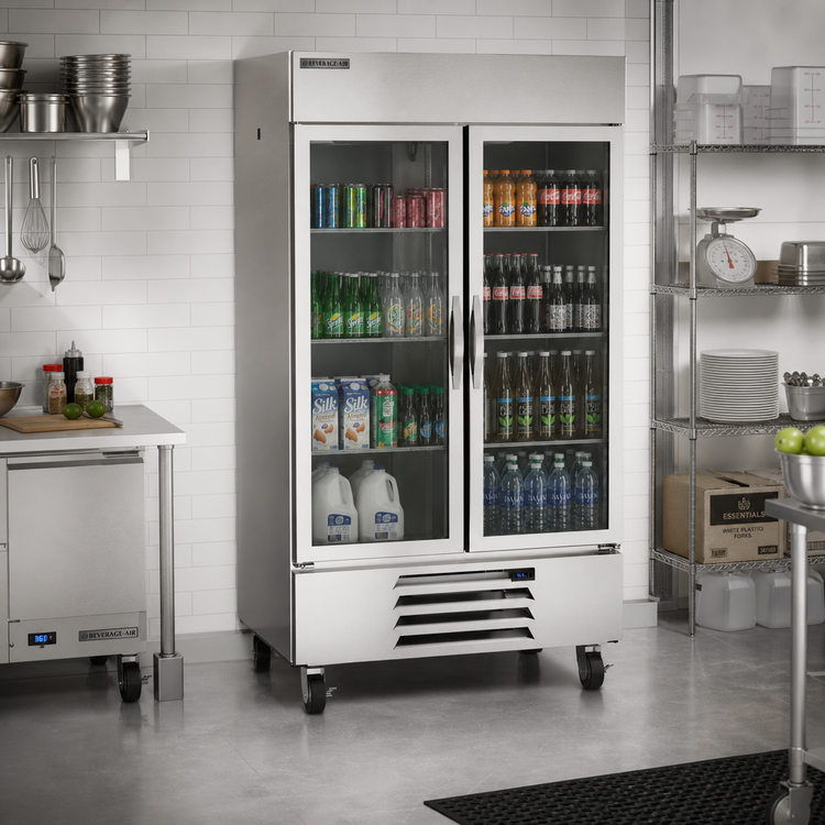 Product image #2 for Beverage-Air Horizon Series Two-Section Glass Door Reach-In Refrigerator, 40.2 Cu. Ft., Bottom-Mounted Self-Contained