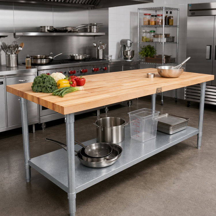 Product image #2 for John Boos 108-Inch Northern Hard Rock Maple Wood Top Work Table with Galvanized Legs and Adjustable Undershelf