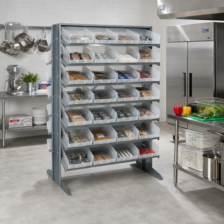 Product image #2 for Quantum Sloped Double-Sided Pick Rack with 64 Clear Bins, 36W x 24D x 60H