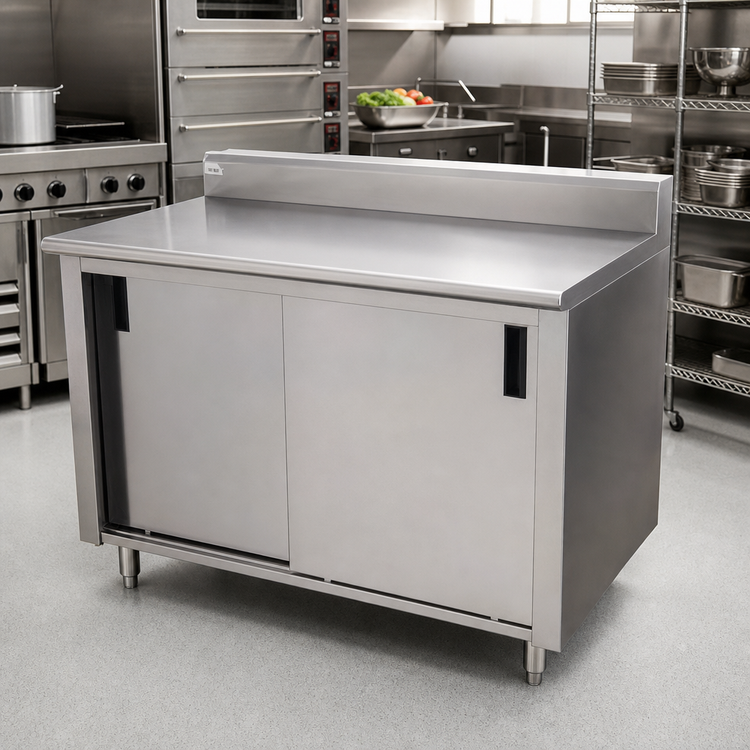 Product image #2 for Enclosed Stainless Steel Work Table with Cabinet Base and Sliding Doors, 120 x 30 Inches, 14-Gauge 304 Top, 5-Inch Backsplash