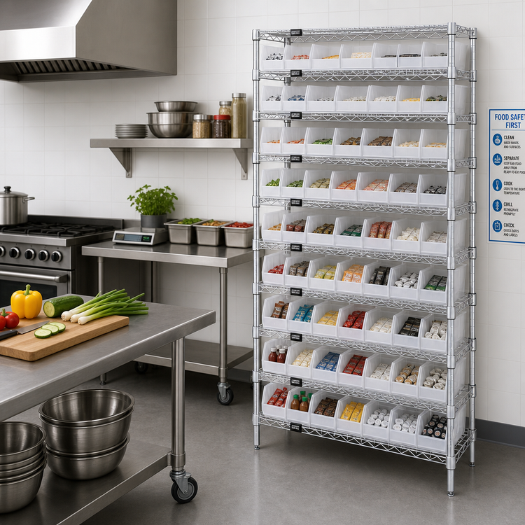 Product image #2 for Quantum WR12-101CL 36 Inch Wide Bin Wire Shelving System with 88 Clear Bins, 12 Deep x 74 High, Chrome Plated
