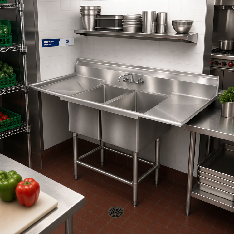 Product image #2 for Spec-Master FN Series Coved Corner Two-Compartment Sink with 30-Inch Left Drainboard, 75-1/2-Inch W x 27-Inch D, 14-Gauge 300-Series Stainless Steel