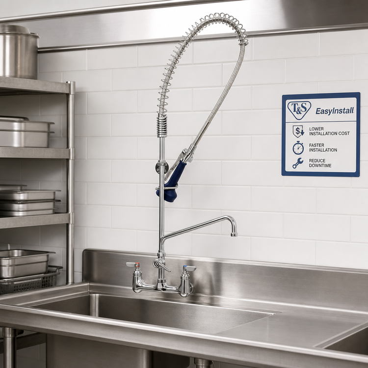 Product image #2 for T&S Brass EasyInstall Spring-Action Gooseneck 8-Inch Wall-Mount Pre-Rinse Unit with 10-Inch Swing Nozzle and 0.65 GPM Spray Valve