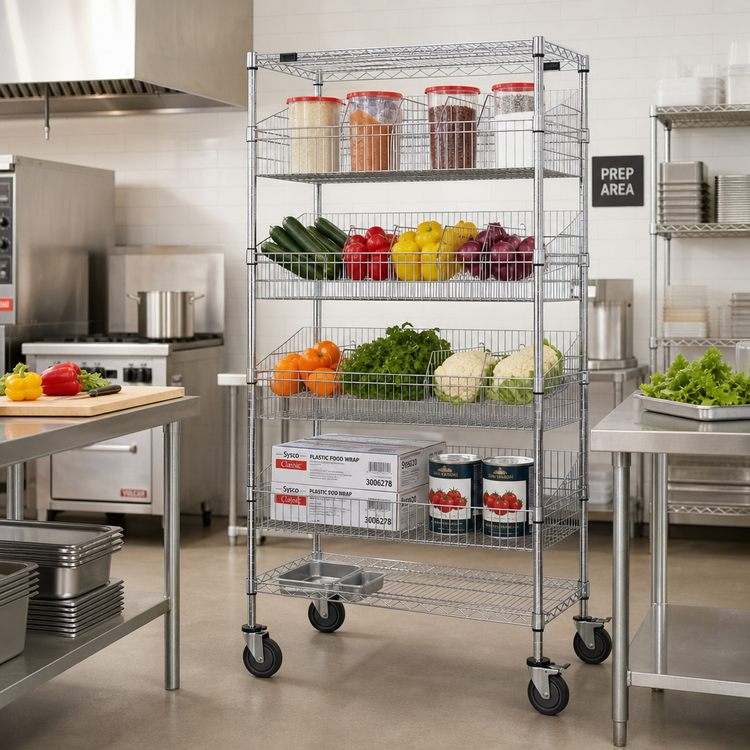 Product image #2 for Quantum 36 x 18 x 80-Inch Chrome-Plated Post Basket Cart with 3 Wire Shelves, 4 Baskets, and 1200 lb Capacity