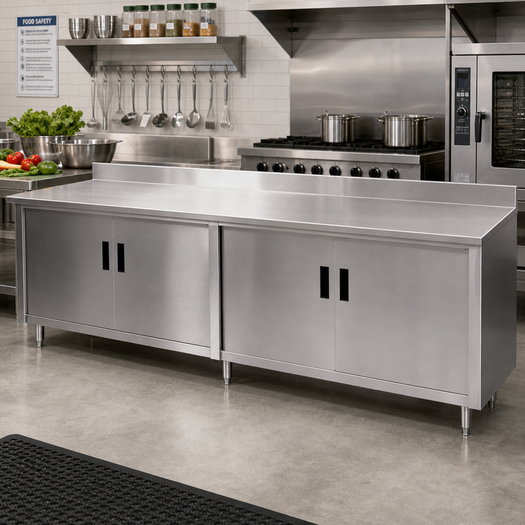 Product image #2 for Advance Tabco Special Value Enclosed Work Table with Cabinet Base, Mid-Shelf, Hinged Doors, 16-Gauge 304 Stainless Steel Top, 5-Inch Backsplash, 96 x 30 Inches