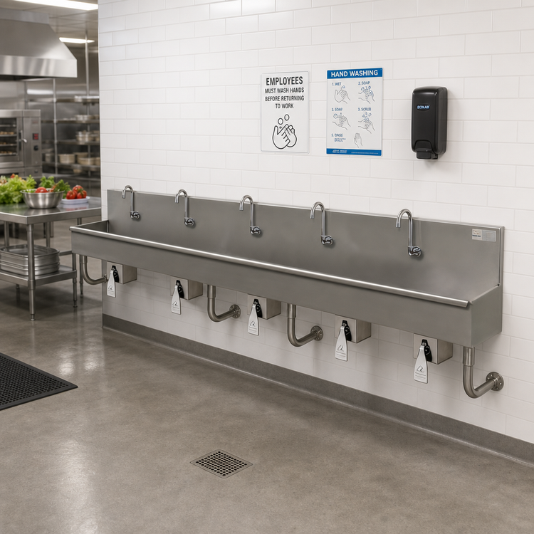 Product image #2 for Advance Tabco 5-Station Wall-Mounted Knee-Operated Hand Wash Sink, 100 Inch Wide
