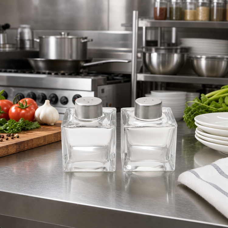 Product image #2 for Vintage Square Glass Salt & Pepper Shaker Set with Stainless Steel Tops, 2 Oz.