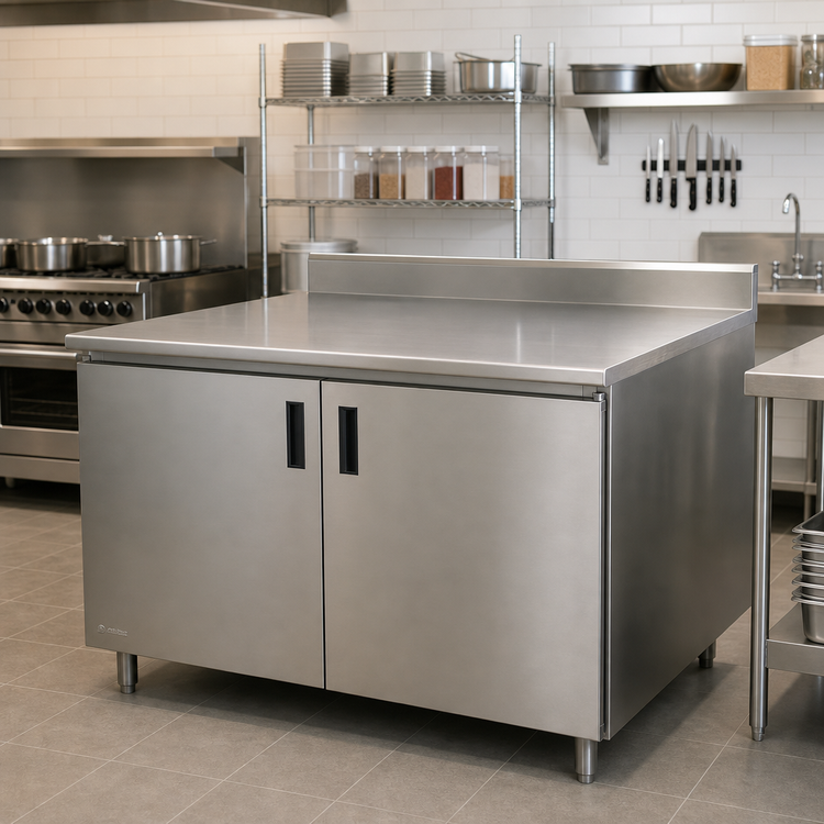 Product image #2 for Advance Tabco 108-Inch Stainless Steel Enclosed Work Table with Cabinet Base, Mid-Shelf, Hinged Doors, 14-Gauge 304 Top, and 5-Inch Backsplash